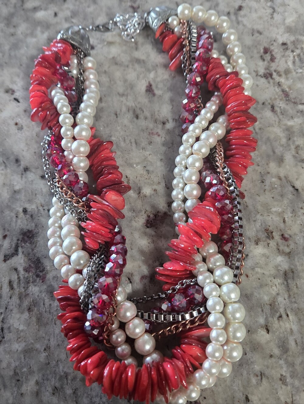 Multi-Strand Red & Pearl Statement Necklace - Women Jewelry